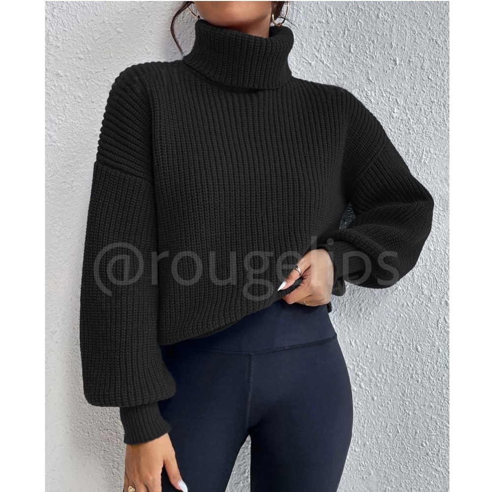 Black Turtleneck Knit Pullover Sweater Long Sleeve